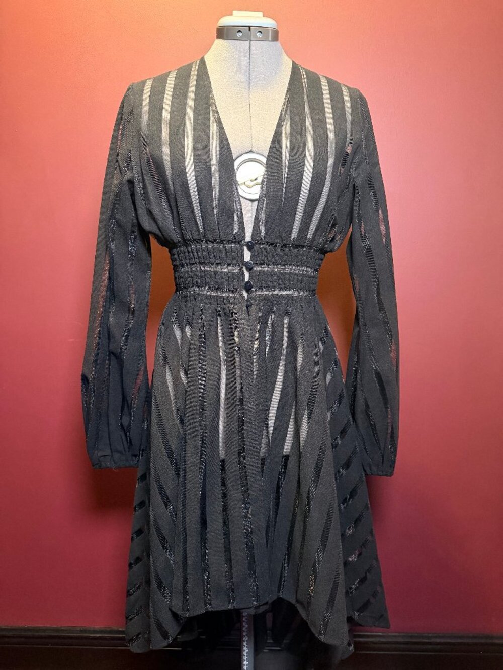 Hi-Lo Black Striped Mesh Duster - Size M